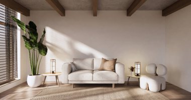 Minimal Muji tarzı, boş ahşap oda, Japon odasının içini temizleme..