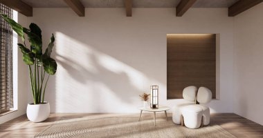 Minimal Muji tarzı, boş ahşap oda, Japon odasının içini temizleme..