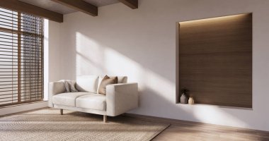 Minimal Muji tarzı, boş ahşap oda, Japon odasının içini temizleme..