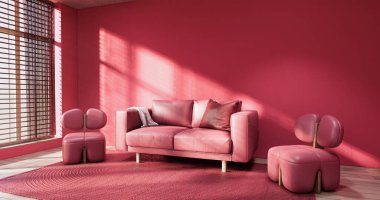 Yaşasın morumsu renkler oturma odası muji minimal stil kırmızı duvar ve kırmızı kanepe.