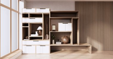 Oturma odası japandi stili tasarımda Fikir Kutusu Duvar Rafları.