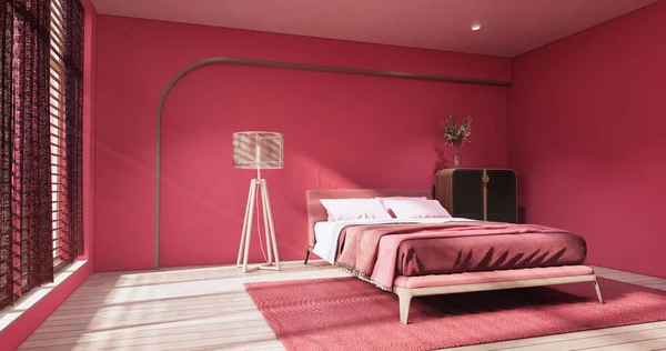 Viva magenta color bedroom japandi design on minimal muji room interior.