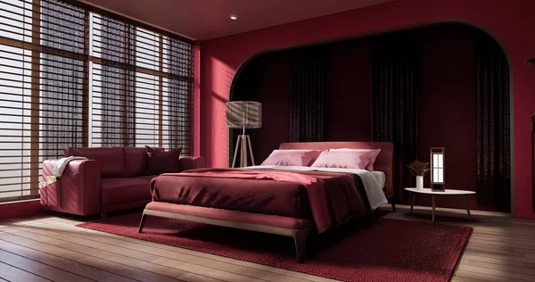 Viva magenta color bedroom japandi design on minimal muji room interior.