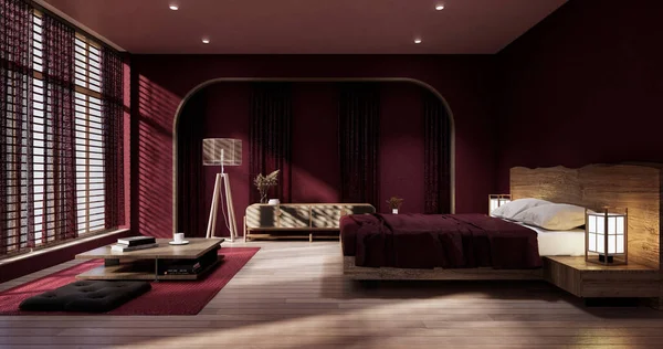 Minimum Muji Odası Dekorasyonuna Göre Çok Canlı Morumsu Bir Yatak — Stok fotoğraf