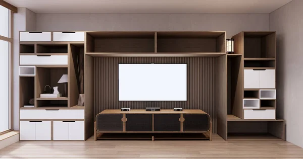 アイデアボックスの壁の棚に最小限のリビングルーム Japandiスタイルのデザイン — ストック写真