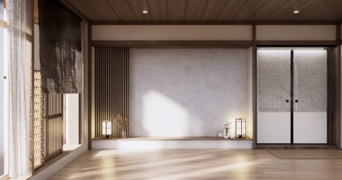 Muji tarzı, boş ahşap oda, Japon odasının içini temizlemek.,