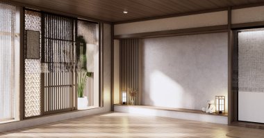 Muji tarzı, boş ahşap oda, Japon odasının içini temizlemek.,