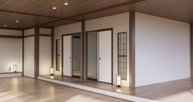 Muji tarzı, boş ahşap oda, Japon odasının içini temizlemek.,