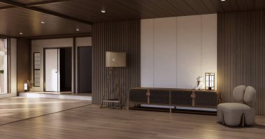 Oturma odası, muji tarzı boş duvar arkaplanı üzerine ahşap japandi tasarımı.