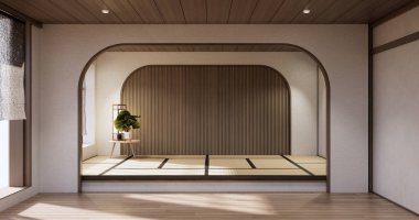 Muji tarzı, boş ahşap oda, Japon odasının içini temizlemek.,