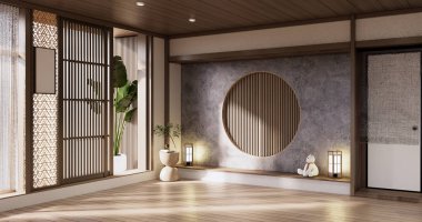 Muji tarzı, boş ahşap oda, Japon odasının içini temizlemek.,