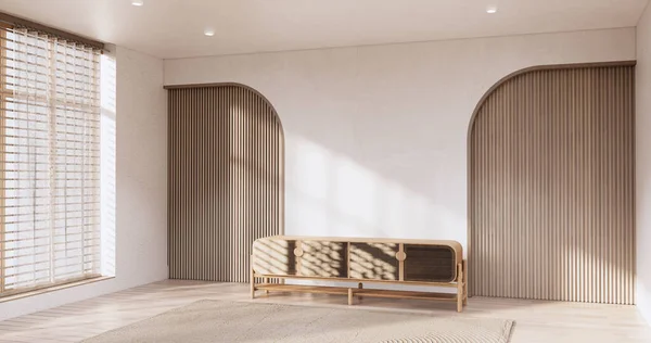 Skříň Dřevěné Japandi Design Obývacím Pokoji Muji Styl Prázdné Stěny — Stock fotografie
