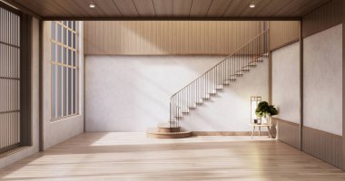 Muji tarzı, boş ahşap oda, Japon odasının içini temizlemek.,