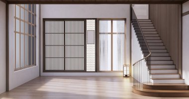 Muji tarzı, boş ahşap oda, Japon odasının içini temizlemek.,