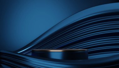 Koyu mavi geometrik arkaplan, Japon tarzı podyum mavisi konsept 3D görüntüleme