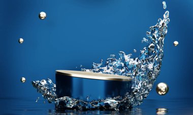 mavi podyum ve su damlası mavi arkaplanda soyut.