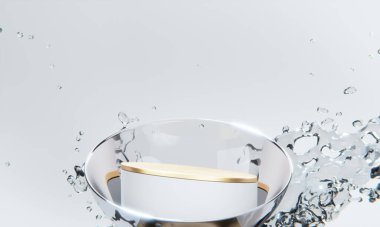 Beyaz arka planda beyaz podyum ve su sıçraması.