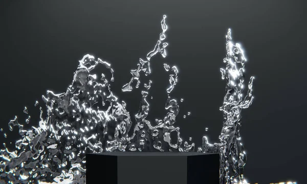 Zwart Podium Water Spetteren Witte Achtergrond Rendering — Stockfoto