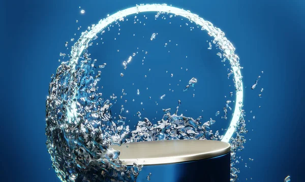 Blue Podium Water Drop Resumo Sobre Fundo Azul — Fotografia de Stock