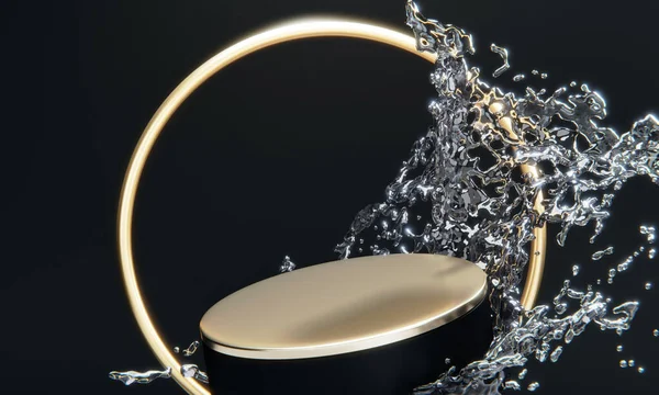 Black Podium Water Splashing White Background Rendering — Stock Photo, Image
