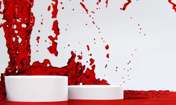 Der Produktständer Und Rotes Spritzwasser Auf Dem Hintergrund — Stockfoto