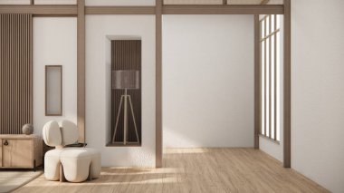 Muji style, Empty wooden room,Cleaning japandi room interior, 3D rendering clipart