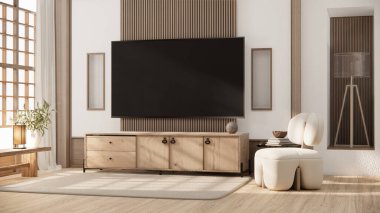 Zen modern boş oda japon minimal tasarımlar, 3d render Tv dolap kadar Mock