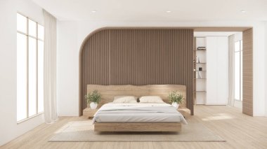 Yatak odası Japon tarzı, modern beyaz duvar ve ahşap zemin, oda minimalisti. 3B görüntüleme