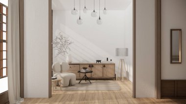 Televizyon iç mimarisi için minimal dolap, 3D görüntüleme