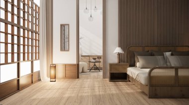 Minimalist wabi sabi iç tasarım, oda muji sytle. 3B görüntüleme.