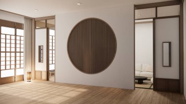 Muji tarzı, boş ahşap oda, Japon odasının içini temizleme, 3 boyutlu tasarım.