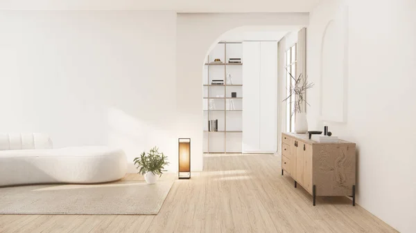 Muji Minimalista Muebles Sofá Diseño Moderno Habitación Mínima Renderizado —  Fotos de Stock