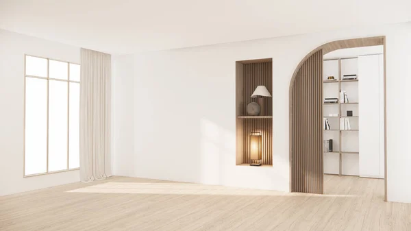 建築とインテリアのコンセプト空の部屋と木製パネル壁の背景3Dイラストレンダリング — ストック写真