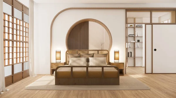 Dormitorio Japonés Estilo Minimalista Pared Blanca Moderna Suelo Madera Habitación —  Fotos de Stock
