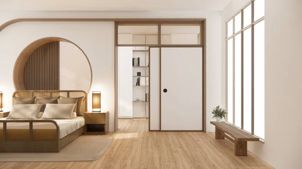 Yatak Odası Japon Tarzı Modern Beyaz Duvar Ahşap Zemin Oda — Stok fotoğraf