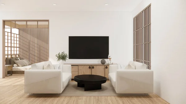 Muji Minimalista Muebles Sofá Diseño Moderno Habitación Mínima Renderizado —  Fotos de Stock