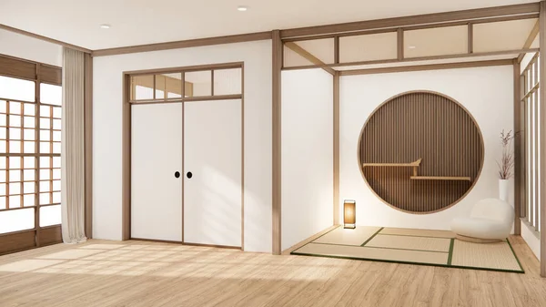 Styl Muji Pusty Drewniany Pokój Sprzątanie Japońskie Wnętrze Pokoju Renderowanie — Zdjęcie stockowe