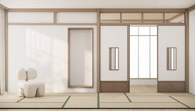 Minimalist japandi tarzı oturma odası kanepeyle süslenmiş..