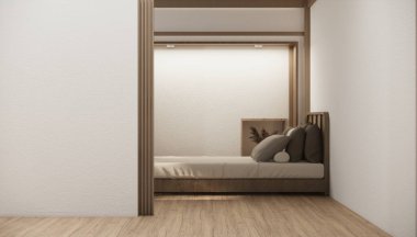 Japon tarzı boş oda ahşap yatak, beyaz duvar ve ahşap duvarla süslenmiş..
