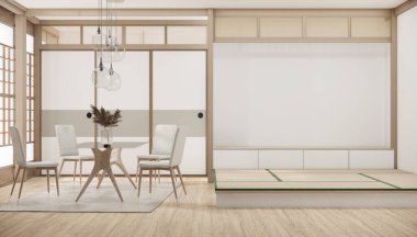 Modern Japon tarzı küçük oda mutfağı ve yemek masası beyaz duvar ahşap zemin.