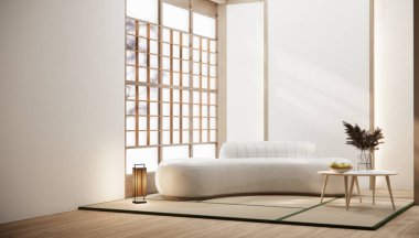 Minimalist japandi tarzı oturma odası kanepeyle süslenmiş..