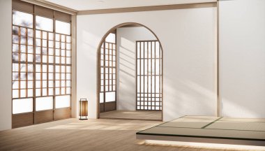 Japon tarzı, içi beyaz oda japon iç dekorasyonuyla süslenmiş boş bir oda..