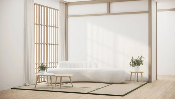 Minimalista Japandi Estilo Sala Estar Decorada Com Sofá — Fotografia de Stock