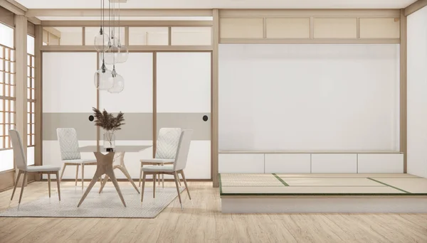 Moderní Japonsko Styl Malý Pokoj Kuchyň Jídelní Stůl Bílá Stěna — Stock fotografie