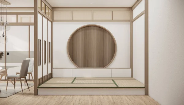 Modern japan style tiny room kitchen and dining table white wall wood floor.