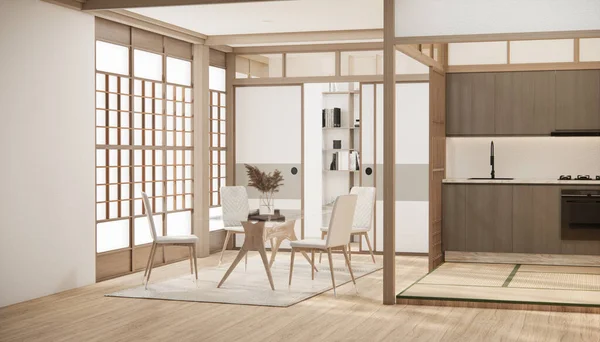 Modern japan style tiny room kitchen and dining table white wall wood floor.
