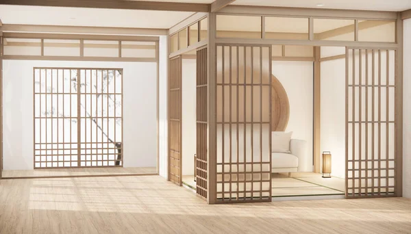 Minimalist Japandi Tarzı Oturma Odası Kanepeyle Süslenmiş — Stok fotoğraf