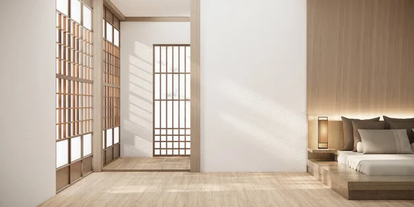 Japão Estilo Quarto Vazio Decorado Com Cama Madeira Parede Branca — Fotografia de Stock