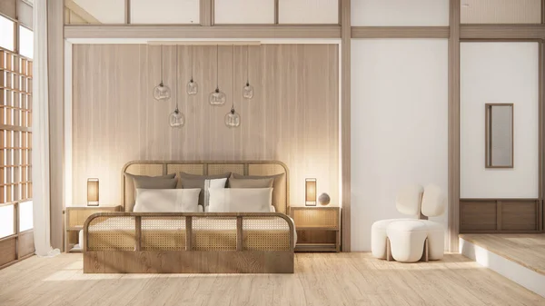 Leeres Zimmer Japanischen Stil Mit Holzbett Weißer Wand Und Holzwand — Stockfoto