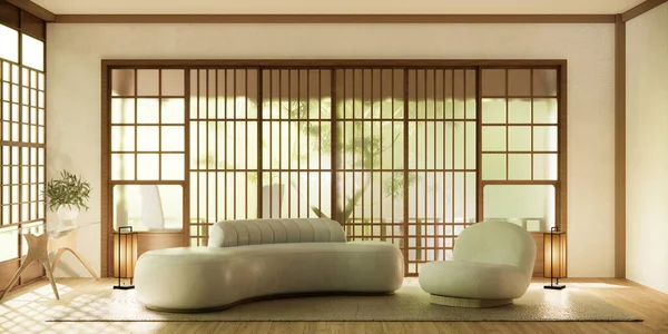 Salon Minimaliste Style Japandi Décoré Avec Canapé — Photo